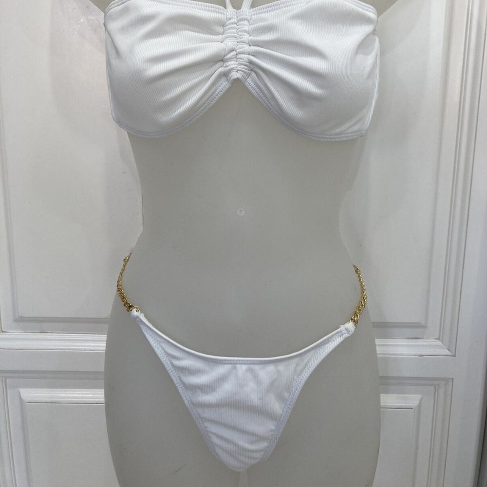 White Thong Bikini 2-piece gold chains sz L removeable cups - Picture 15 of 15
